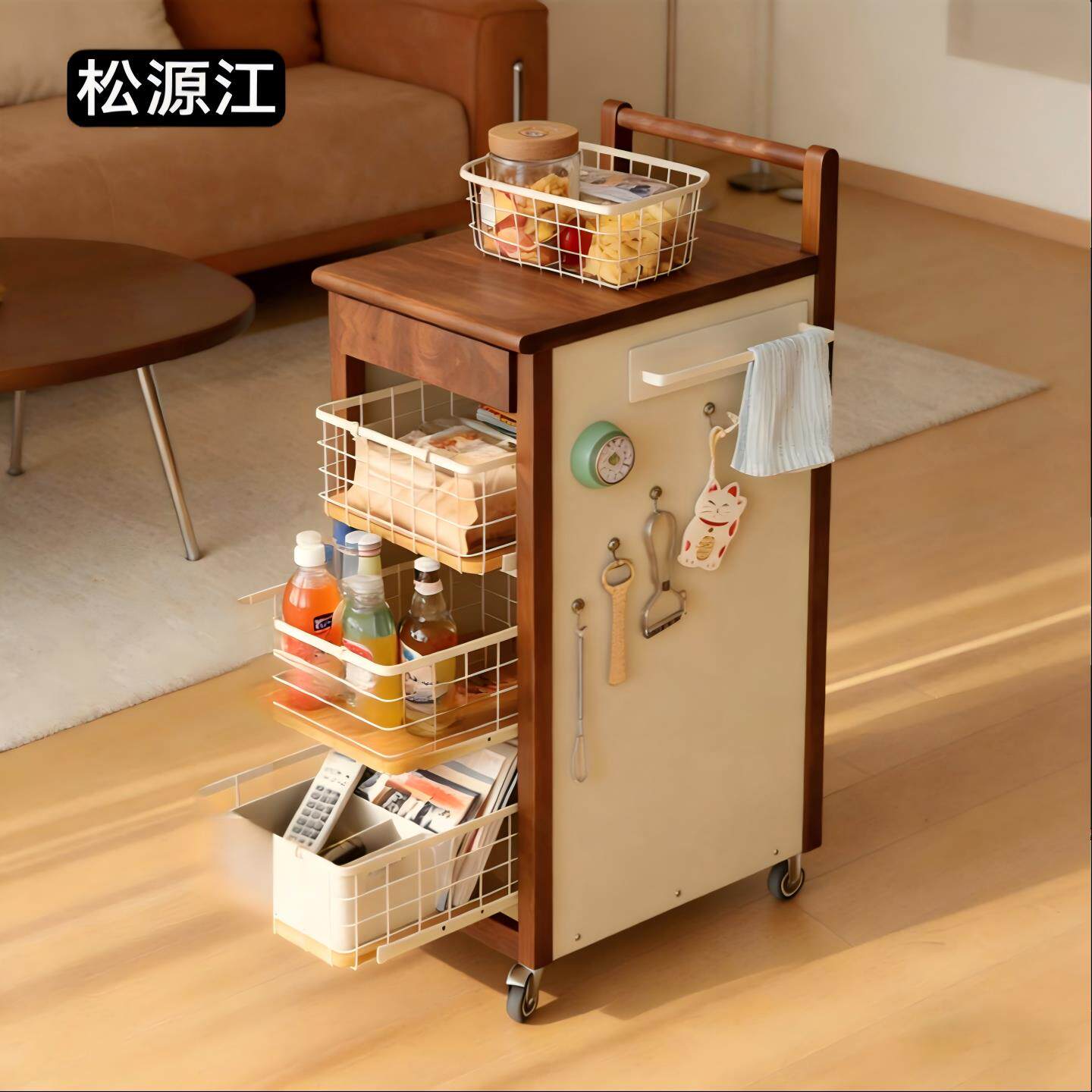 实木中古家用餐车可移动边几沙发角几置物架储物客厅白橡木小推车