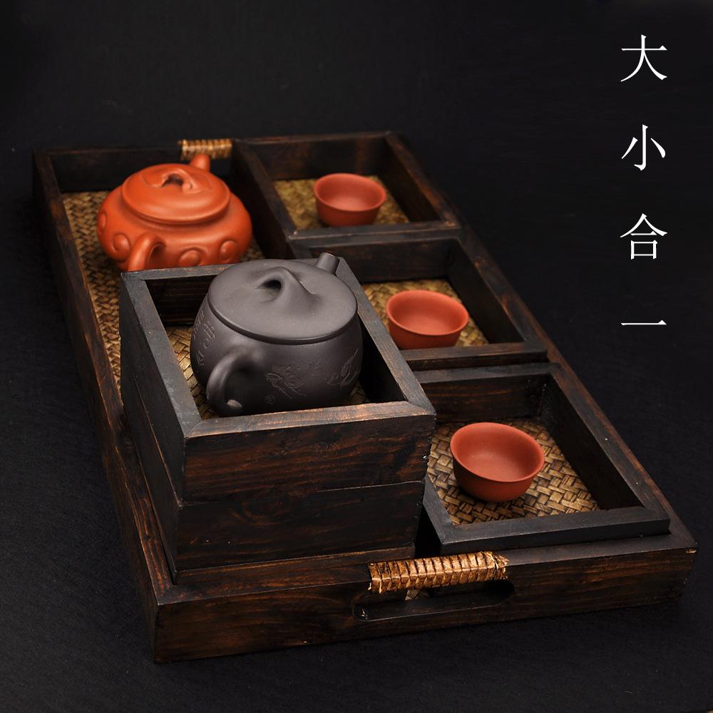 平把蔑底木托盘套装1大6小泰国木制工艺品茶道家居餐厅用品果盘
