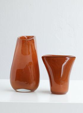 现琉璃花插花摆件橘色厚重扁口异形花器家居软装饰品