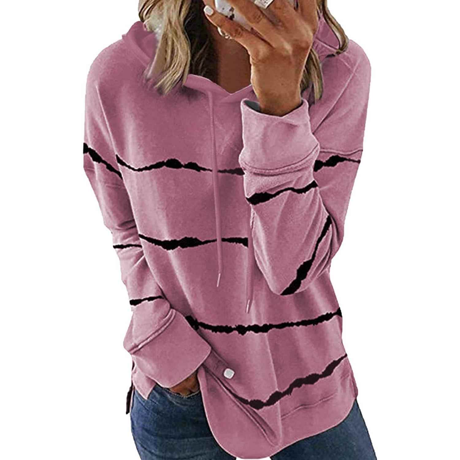 Sleeve Striped Sweatshirt Neck Long Hooded Top Womens Round
