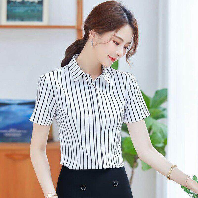 酒店服务员工作服夏季短袖条纹衬衫女饭厅餐饮饭店收银工装衣套装