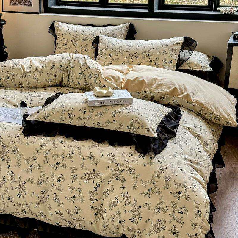 法式赫本风2025新款四件套纯棉复古花卉黑色花边被套床上用品