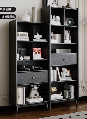 全实木书柜橡木复古黑色书架轻奢中古客厅美式立柜展示柜储物柜