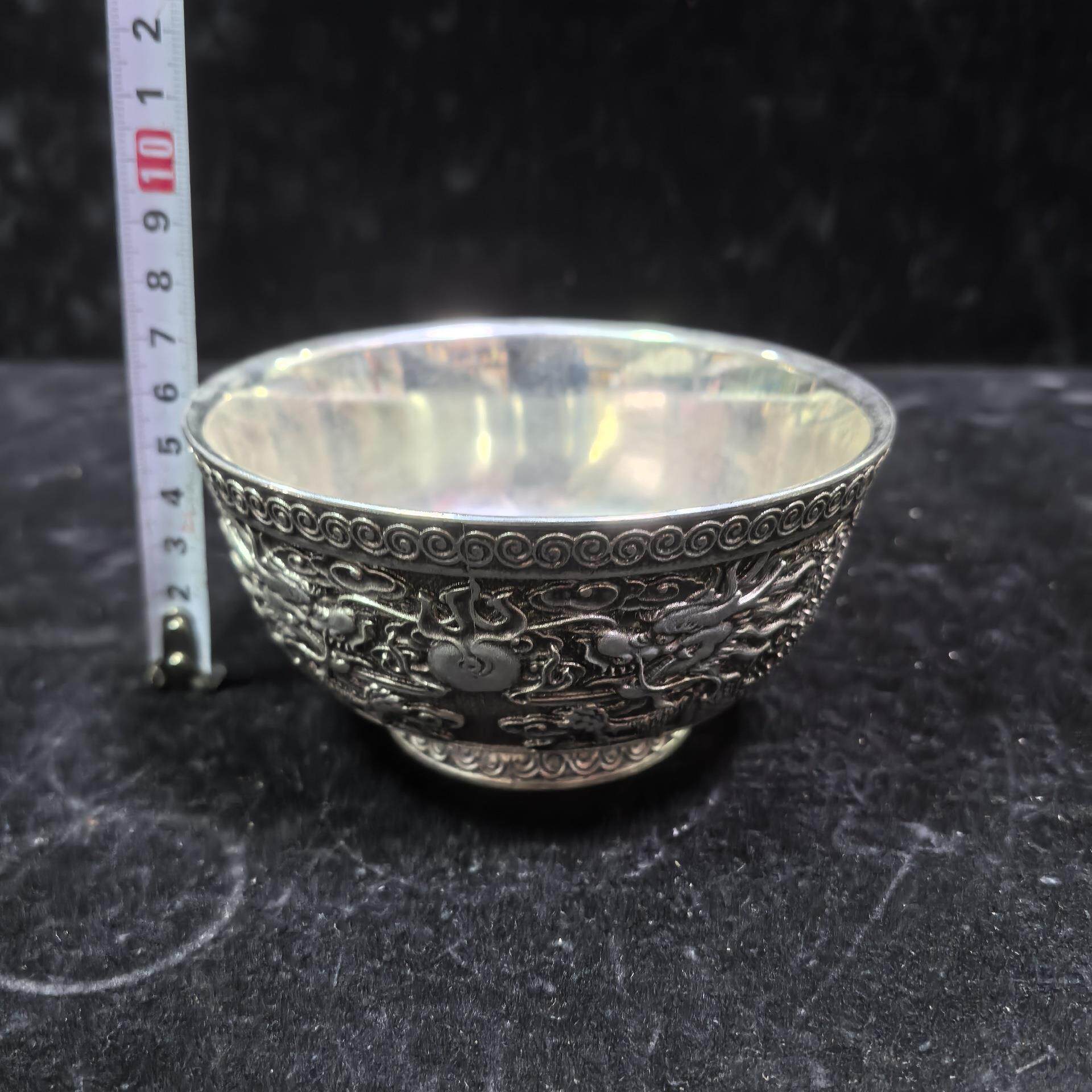 古玩杂项收藏仿古双龙戏珠镀银酒杯工艺品摆件仿铜酒杯酒具老包浆