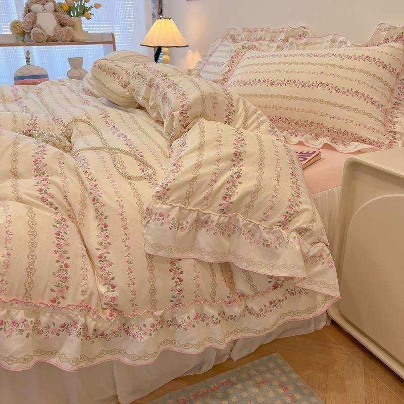 2025新款公主风花边小清新水洗棉床上四件套床单被套床裙三件套