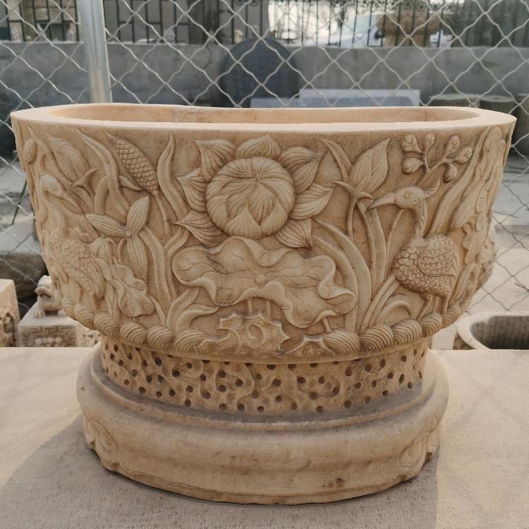 石雕鱼缸圆缸花盆庭院荷花缸仿古石水缸天然青石头槽养鱼池摆件