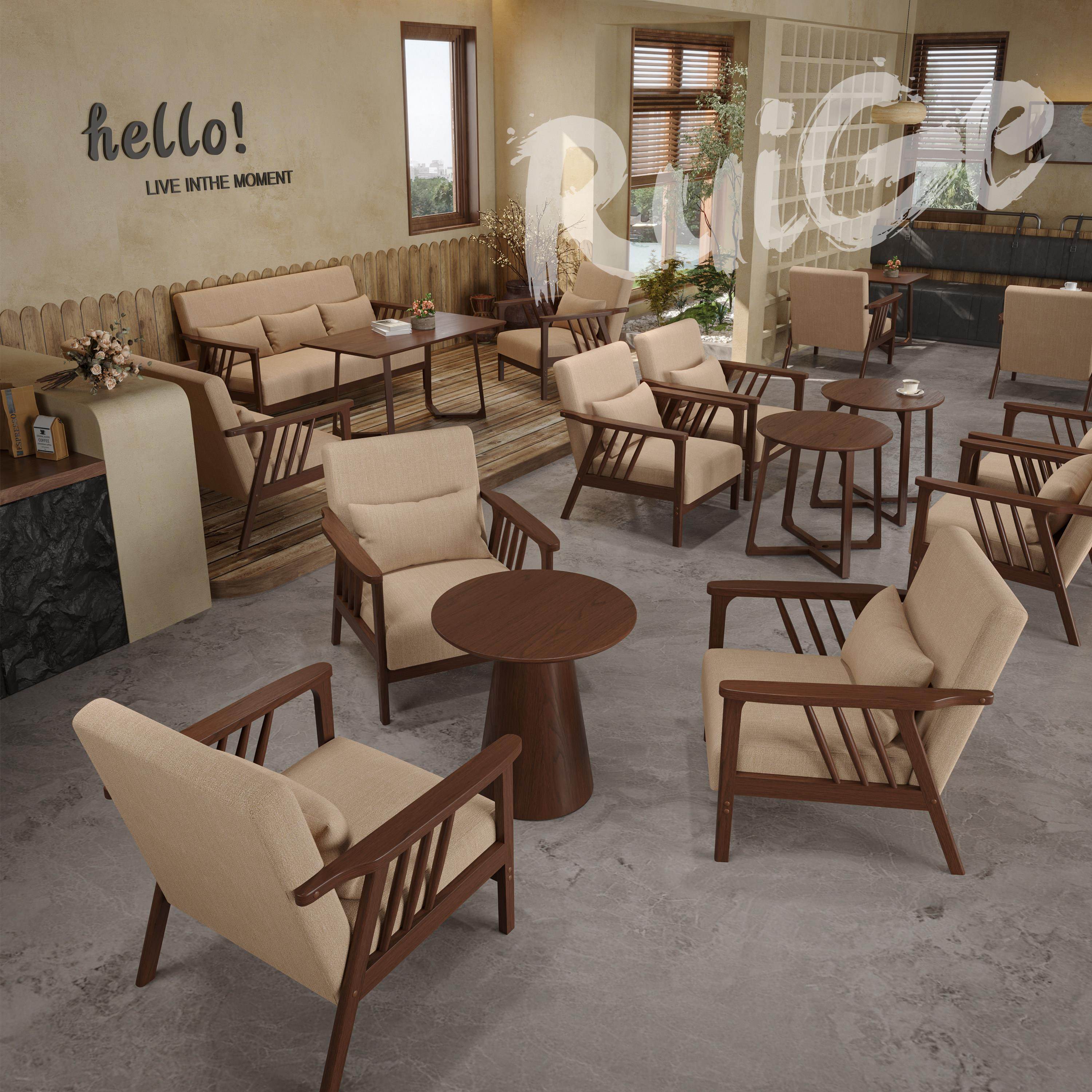 复古风咖啡厅奶茶店桌椅组合书吧酒馆沙发休闲区接待洽谈实木卡座