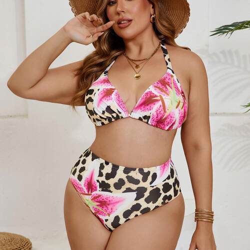 Large print triangle cup lace up backless split bikini