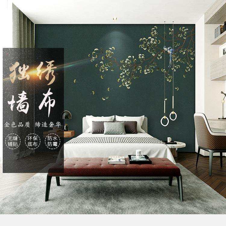 枝繁叶茂独绣壁画刺绣无缝墙布壁布客厅简约沙发电视背景墙苏绣