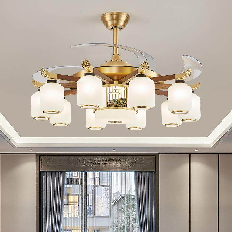 【锦鲤荷花】新中式风扇吊灯全铜智能黑胡桃木隐形吊扇灯家用一体