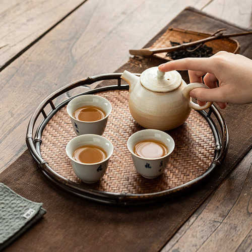 泡收纳新竹编高端茶具盘中式圆形茶杯果盘配件茶盘托盘喝茶干茶具