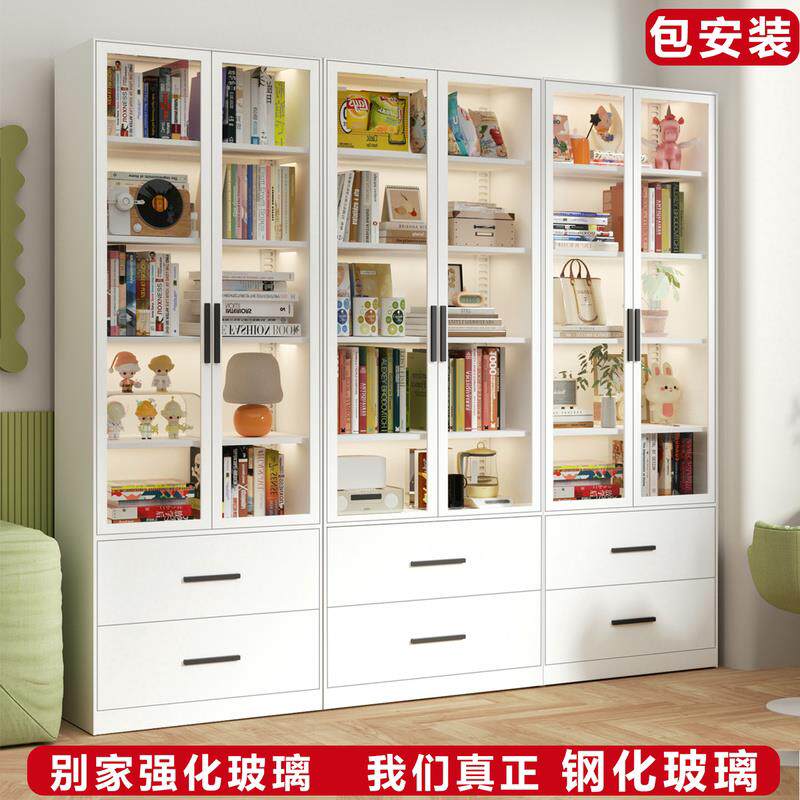 钢制书柜带玻璃门家用收纳柜一体客厅防尘置物儿童铁艺书架展示柜