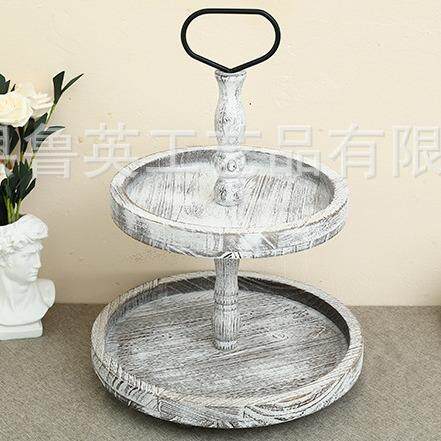 木制托盘甜品架桐木双层置物架圆形实木托盘欧式蛋糕展示架点心盘