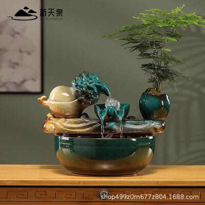 百饰财招财水流摆IBI件环水桌面陶循瓷鱼缸小型家用客厅办公室装