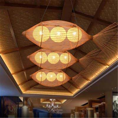 新中式禅意茶室灯具 前台田园吊灯竹编创意鱼形餐厅灯酒店装饰灯