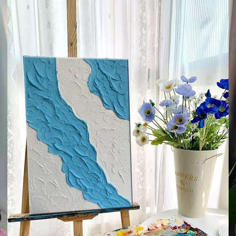 手绘油画蓝色客厅玄关装饰画石英砂立体肌理儿童房挂画现代抽象