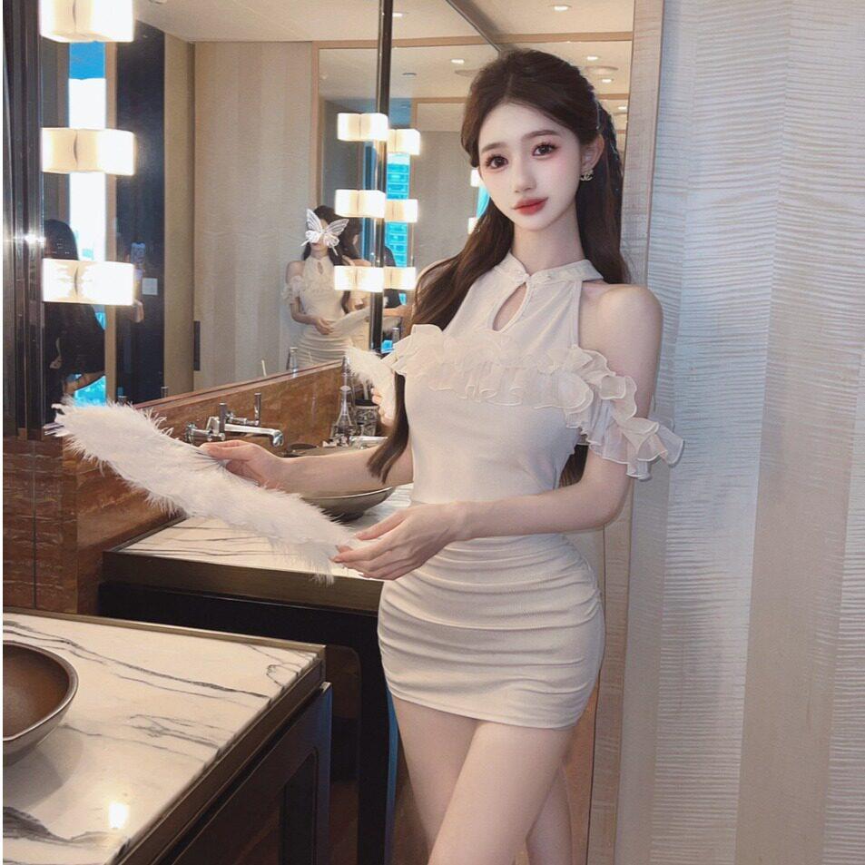 性感网纱拼接露肩显瘦包臀打底短款连衣裙夜场店足浴技师工作服
