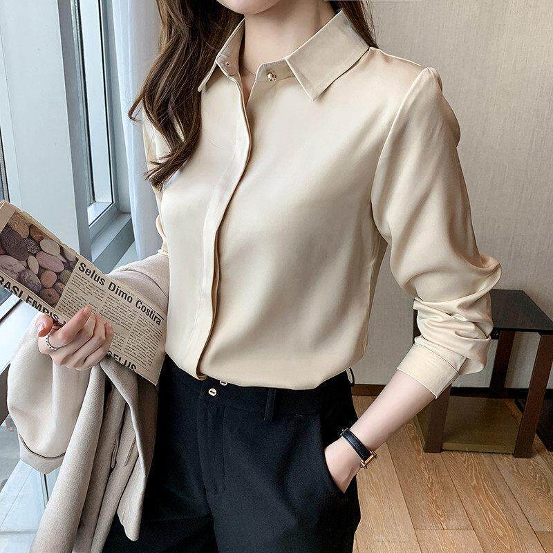 白色长袖垂感上衣新款2025春秋高端重磅缎面桑蚕丝真丝职业衬衫女