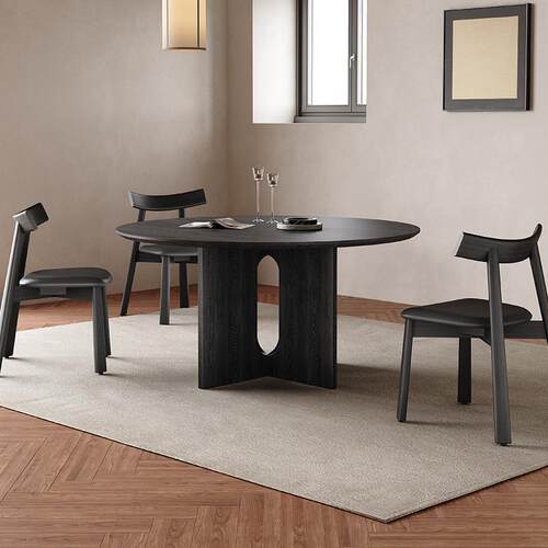 覆古黑色实木餐桌圆桌家用小户型实木面饭桌极简中古风岩板餐桌椅