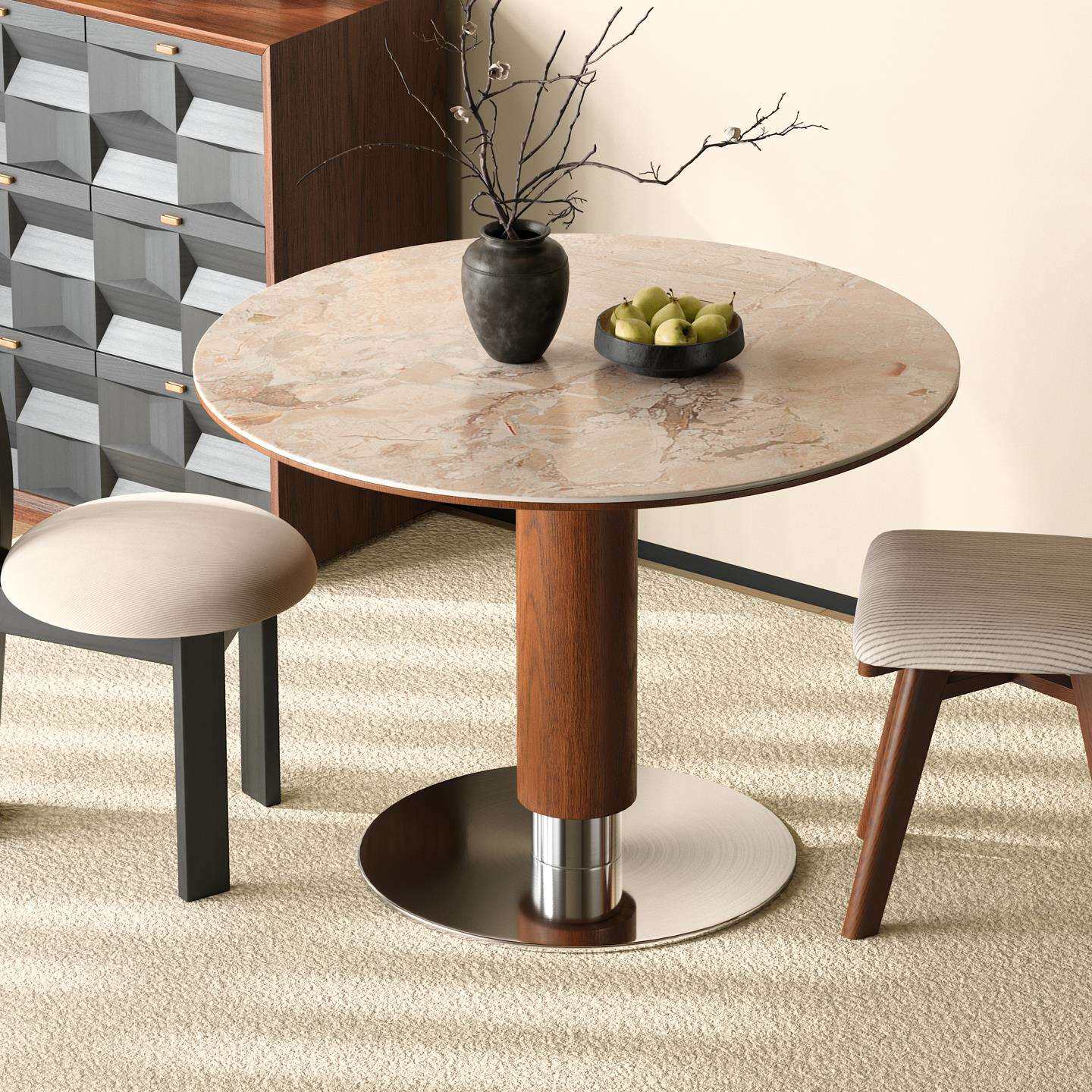 严奢简约维亚圆桌家用餐桌椅子一套中古洞石岩板圆形实木岩板餐桌