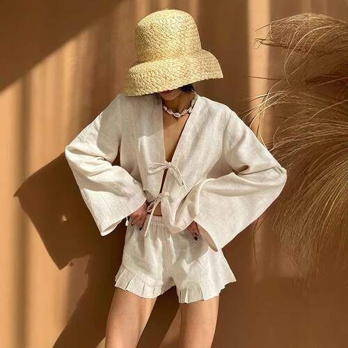 Women's Solid Tie Front Top & Shorts Two-piece Set  Sweet