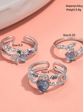 Open Rings海蓝爱心月光锆石开 口戒指女小众食指戒精致可调节戒