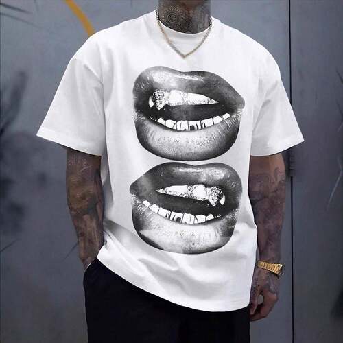 Men Regular Lip Print Drop Shoulder Tee Casual Comfy Sleeve