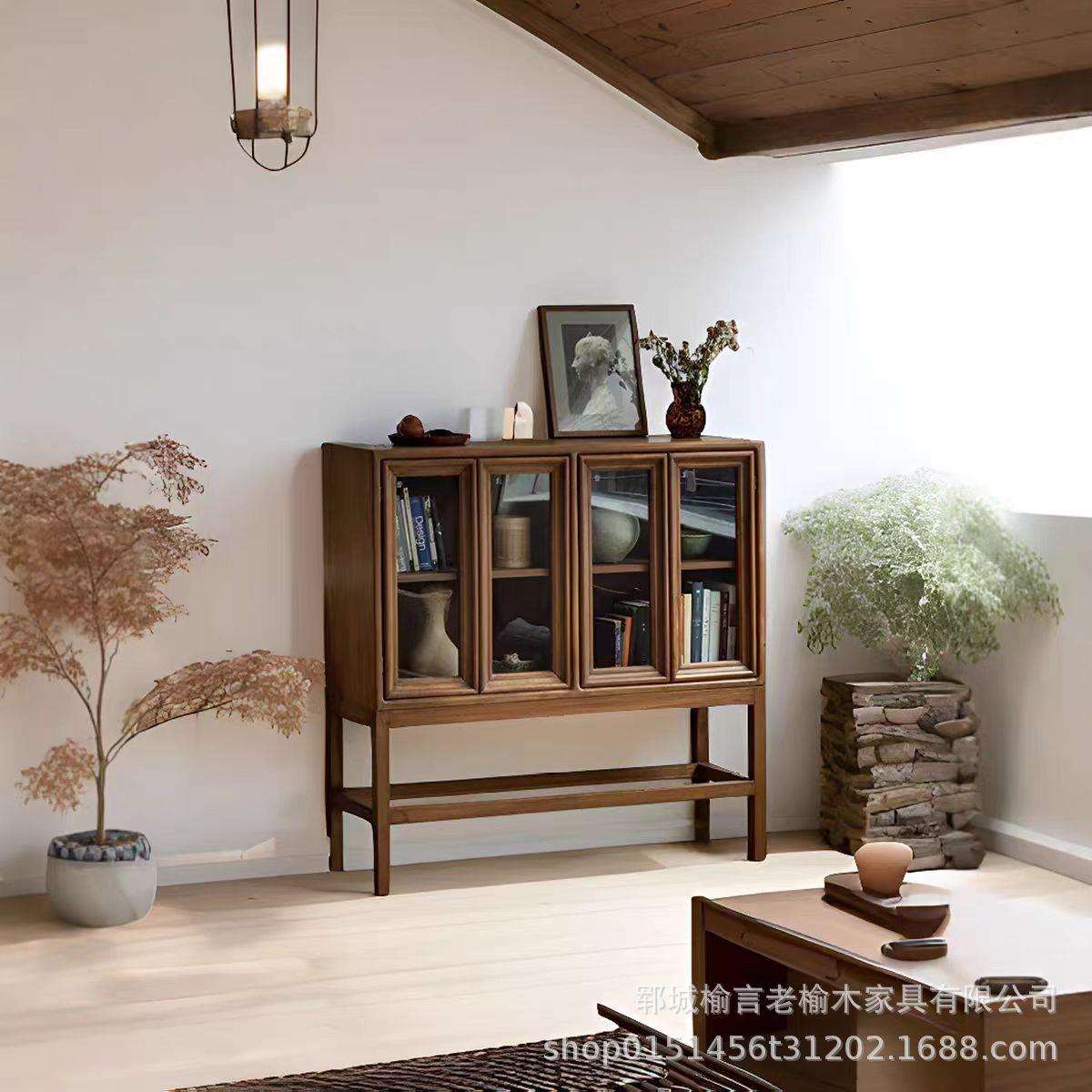 老榆木餐边柜家用落地式矮柜日式收纳储物柜民宿酒店玄关柜实木柜