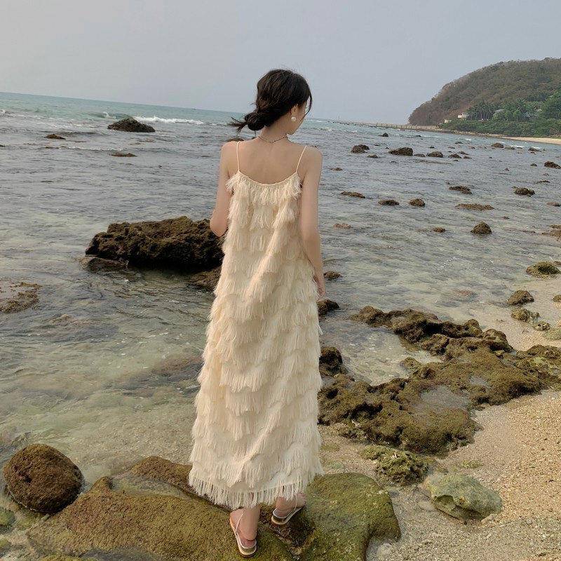 极速海边度假长裙流苏白色连衣裙子女春秋季新款法式女神范名媛吊