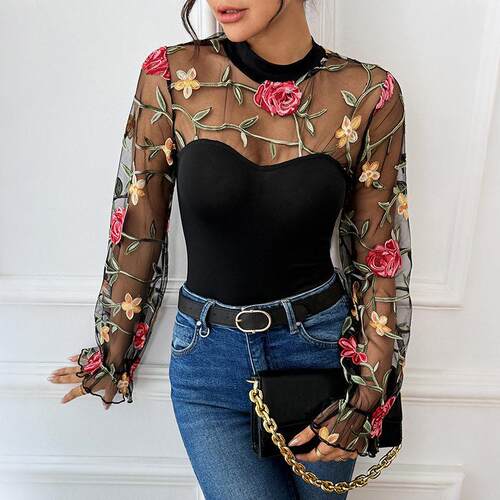 Women's Floral Embroidery Sheer Contrast Mesh Flounce Sleeve