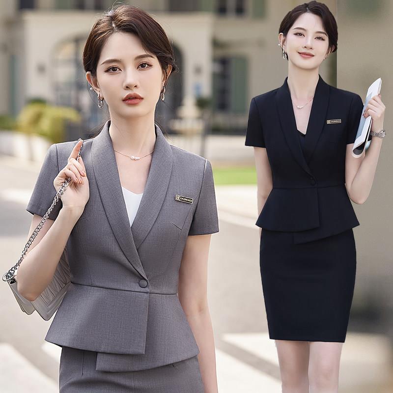 高端专业短袖套装裙子女士夏季工作服酒店经理珠宝店前台接待工作