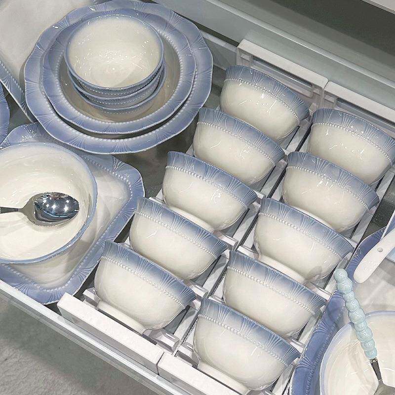 法式浮雕花边碗碟套装高颜值渐变蓝陶瓷饭碗盘子厨具组合餐具套装