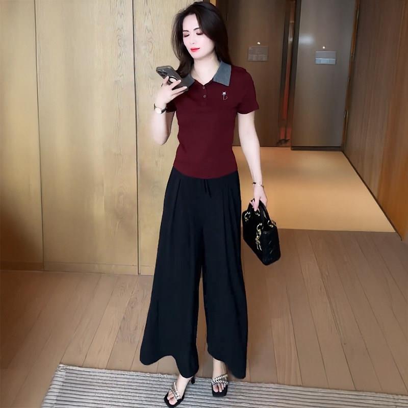 时尚套装女2025夏季新款百搭洋气显瘦设计感休闲短袖阔腿裤两件套