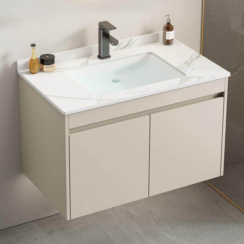 奶油风太空铝挂墙式洗手盆柜组合化妆室家用陶瓷一体洗脸盆洗漱台