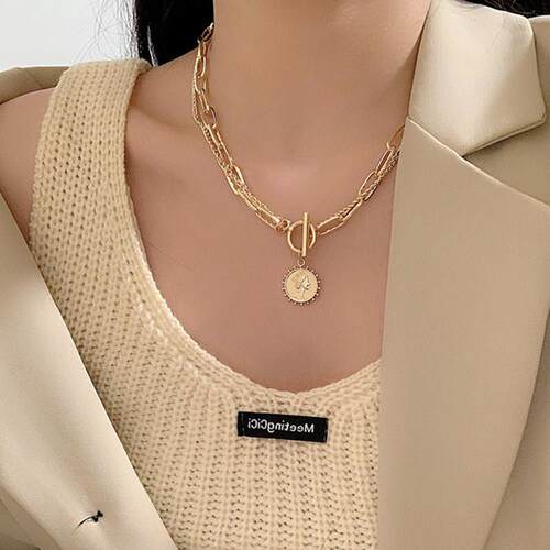 Vintage Carved Coin Thick Chain OT Buckle Necklace Bohemian