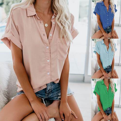 Lady'S Basic Cotton Short-Sleeve Button-Down Blouse Plain