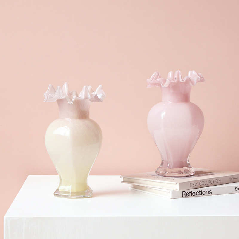 法式中古裙边玻璃花瓶摆件轻奢高级感客厅桌面水养插花装饰品花器