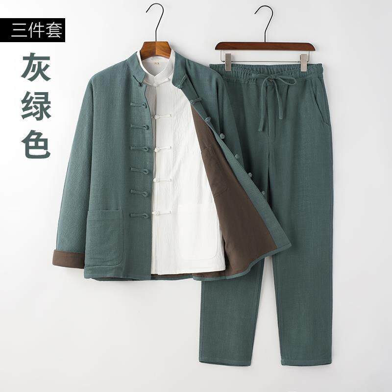 正品件三品质春套秋连肩改禅良唐装男棉麻茶服修居士服立领休闲太