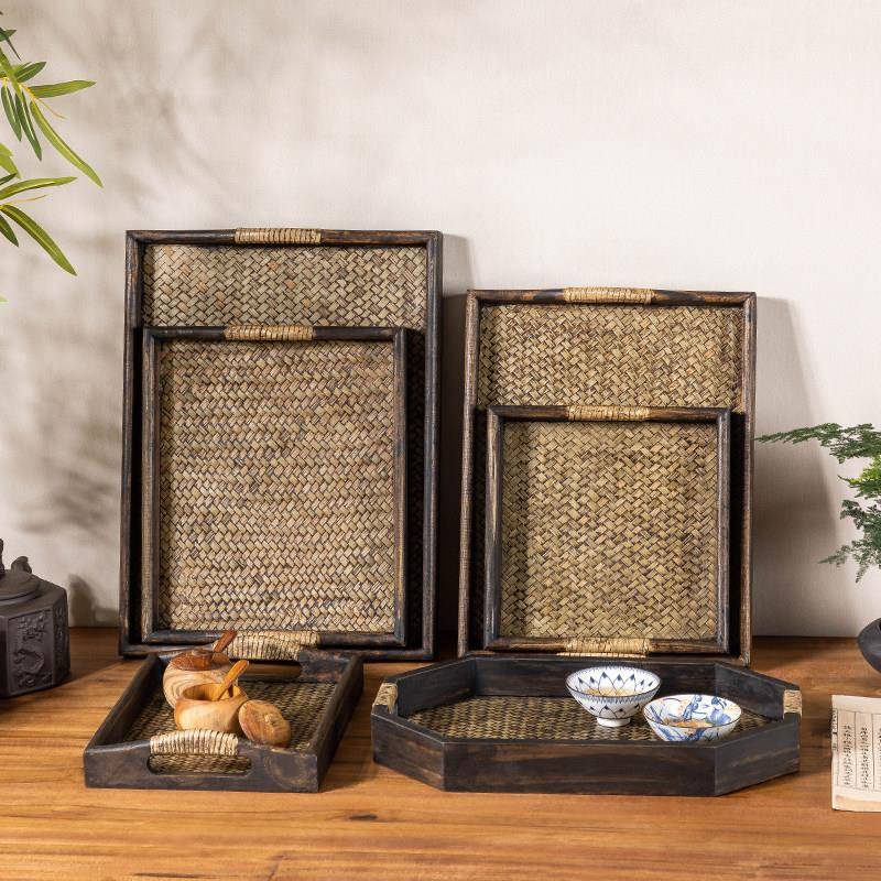泰国实木藤编托 托盘家用放茶杯茶具收纳覆古木质茶盘长方形端菜