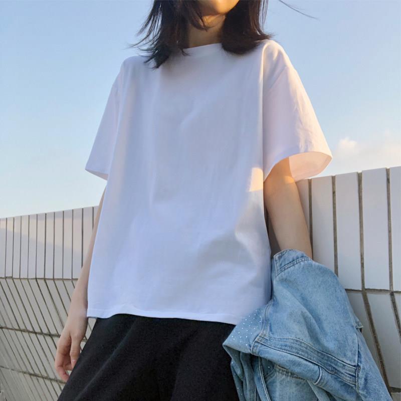 2025春季新款港风T恤女短袖宽松纯棉素色基础款白色半袖休闲 上衣