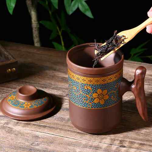 新款直销中式鎏金宜兴紫砂杯家用复古朱泥盖杯手绘茶杯办公水杯茶