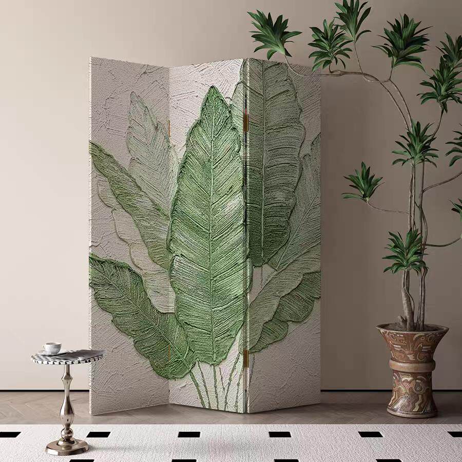 奶油风植物艺术屏风隔断客厅卧室遮挡板可折叠移动背景墙现代简约