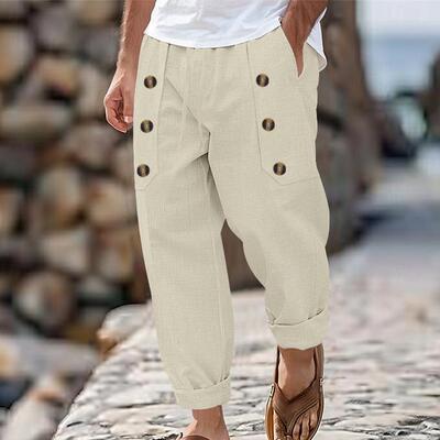Beach men's multi button cotton and linen pants for men