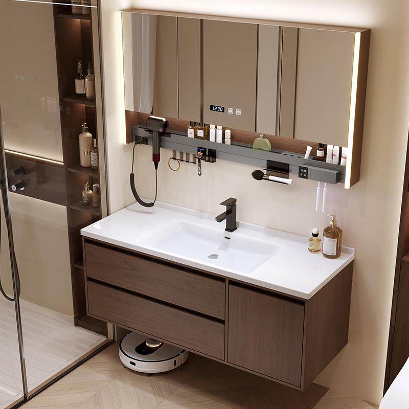 中古风胡桃木色浴室柜镜陶瓷一体盆厕所化妆室洗手洗脸盆洗漱台面