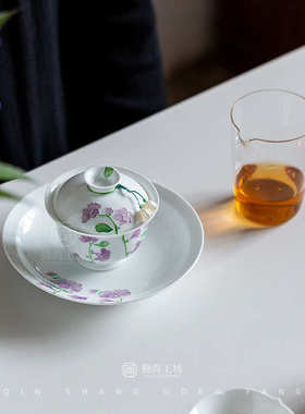 手绘铃兰花二才盖碗小清新陶瓷功夫茶具手抓碗釉下彩白瓷泡茶碗