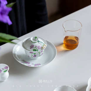 手绘铃兰花二才盖碗小清新陶瓷功夫茶具手抓碗釉下彩白瓷泡茶碗