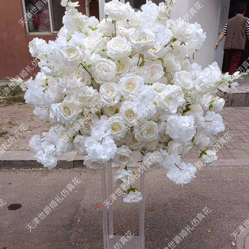 花球形花花装饰花艺婚礼球形花球烛台餐桌爵80cm玫瑰白色摆放世