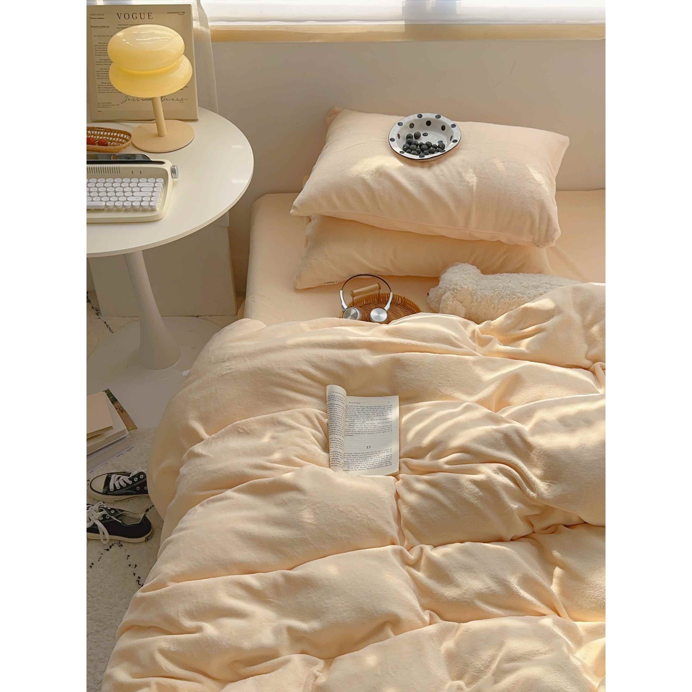 正品奶油床上用被品~春黄秋加厚暖牛奶绒三件套床单珊瑚保绒套四