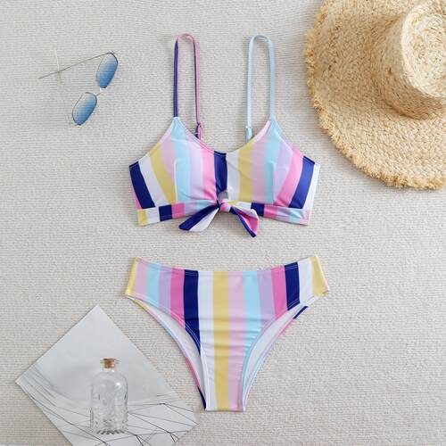 Split swimsuit striped high waisted bikini swimsuit