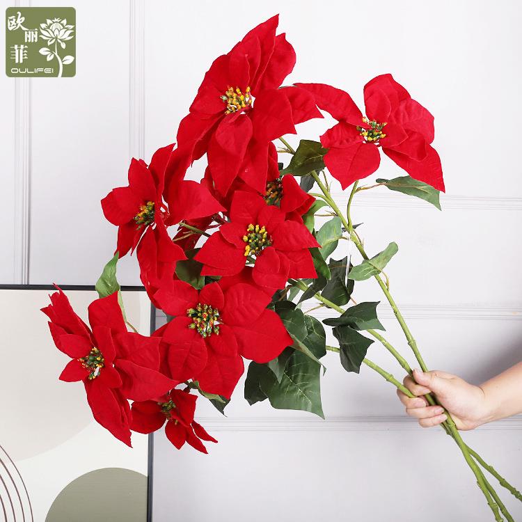 仿真圣诞花一品红圣诞节婚庆绒布花束假花装饰仿真花圣诞花图片